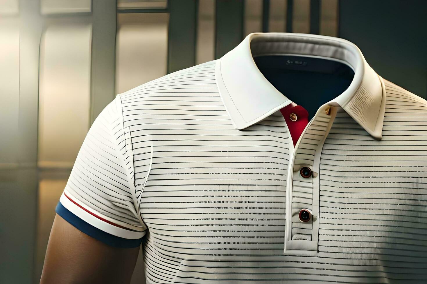 un maniquí vistiendo un blanco y rojo a rayas polo camisa. generado por ai foto