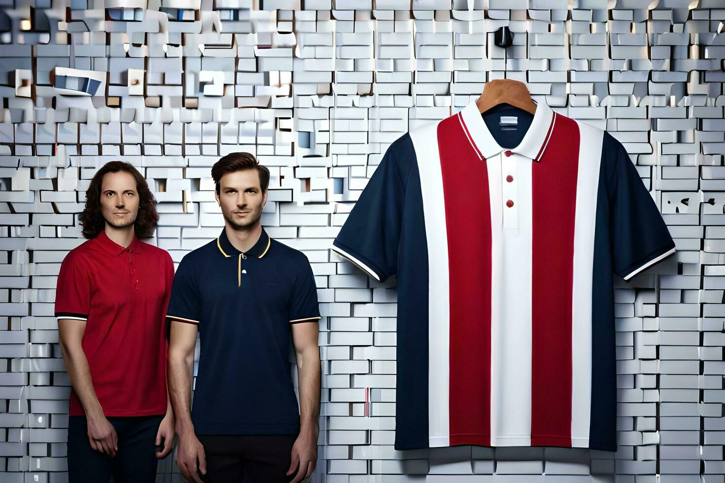 two men standing next to a red, white and blue striped polo shirt. AI-Generated photo