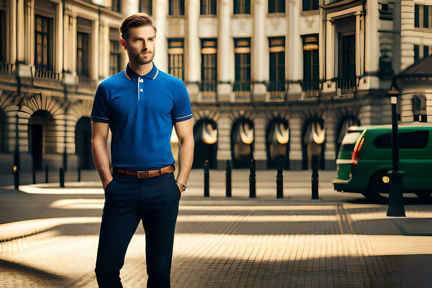 a man in a blue polo shirt and pants standing in front of a building. AI-Generated photo