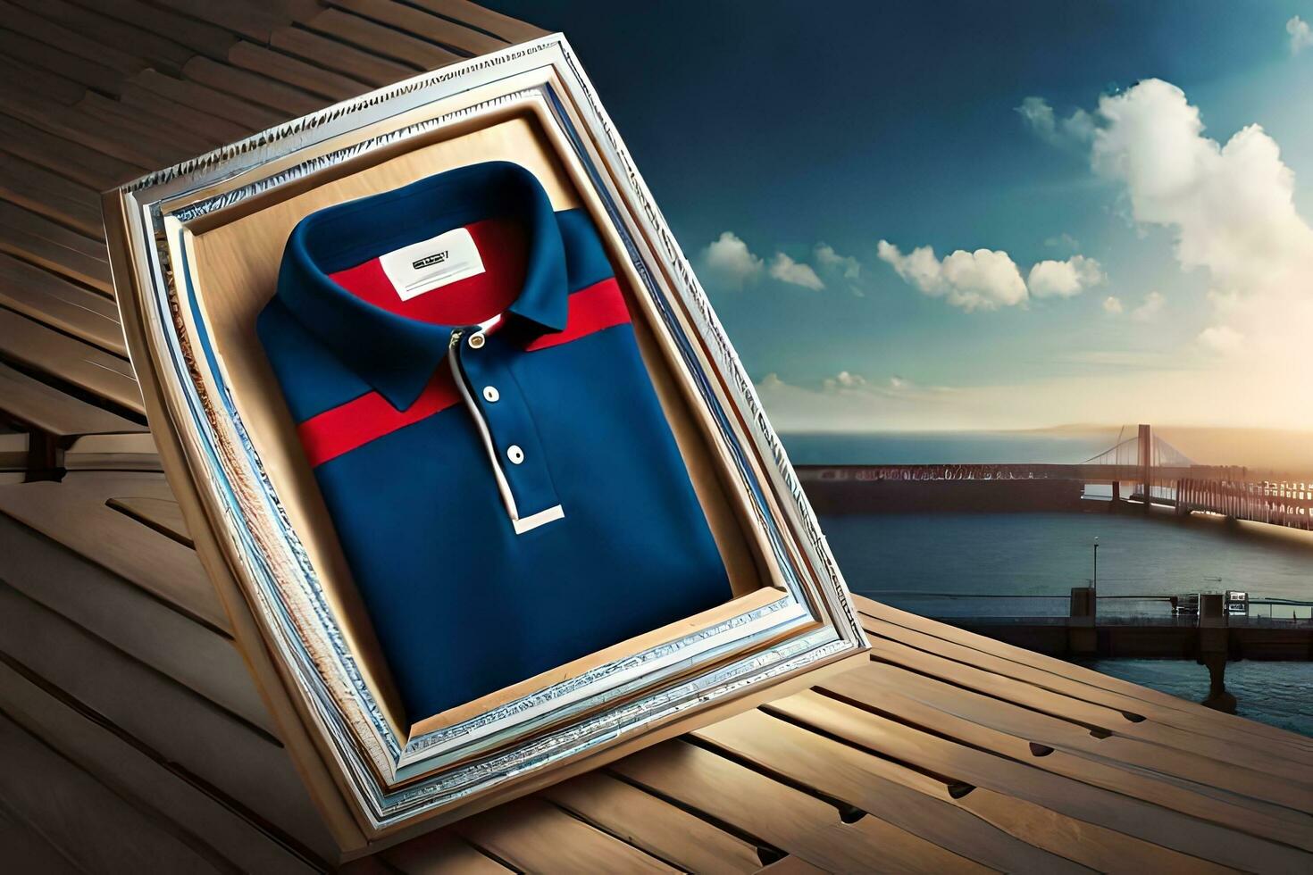 a blue polo shirt in a frame with a view of the ocean. AI-Generated photo