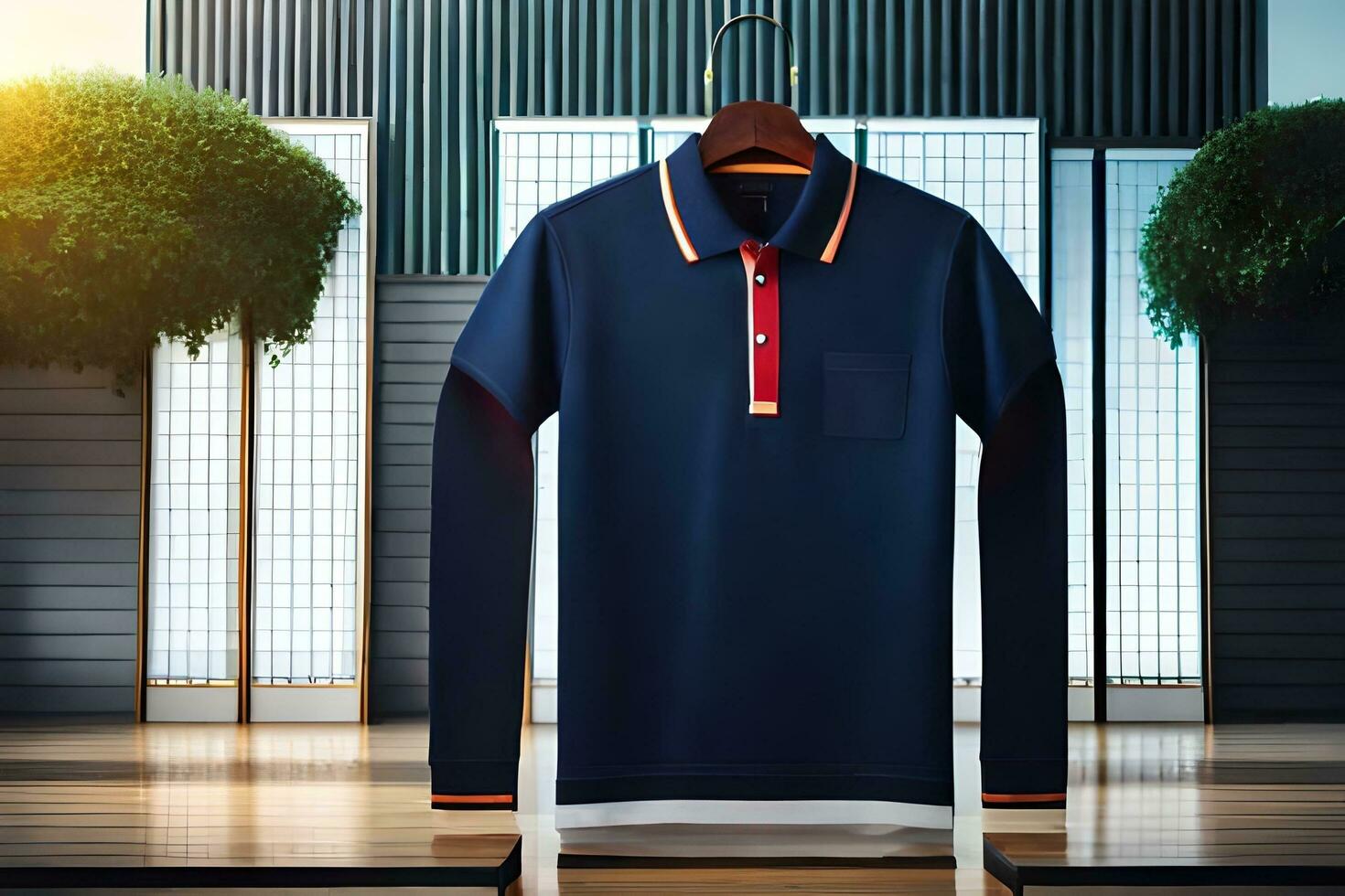 a blue polo shirt with red and white trimming. AI-Generated photo