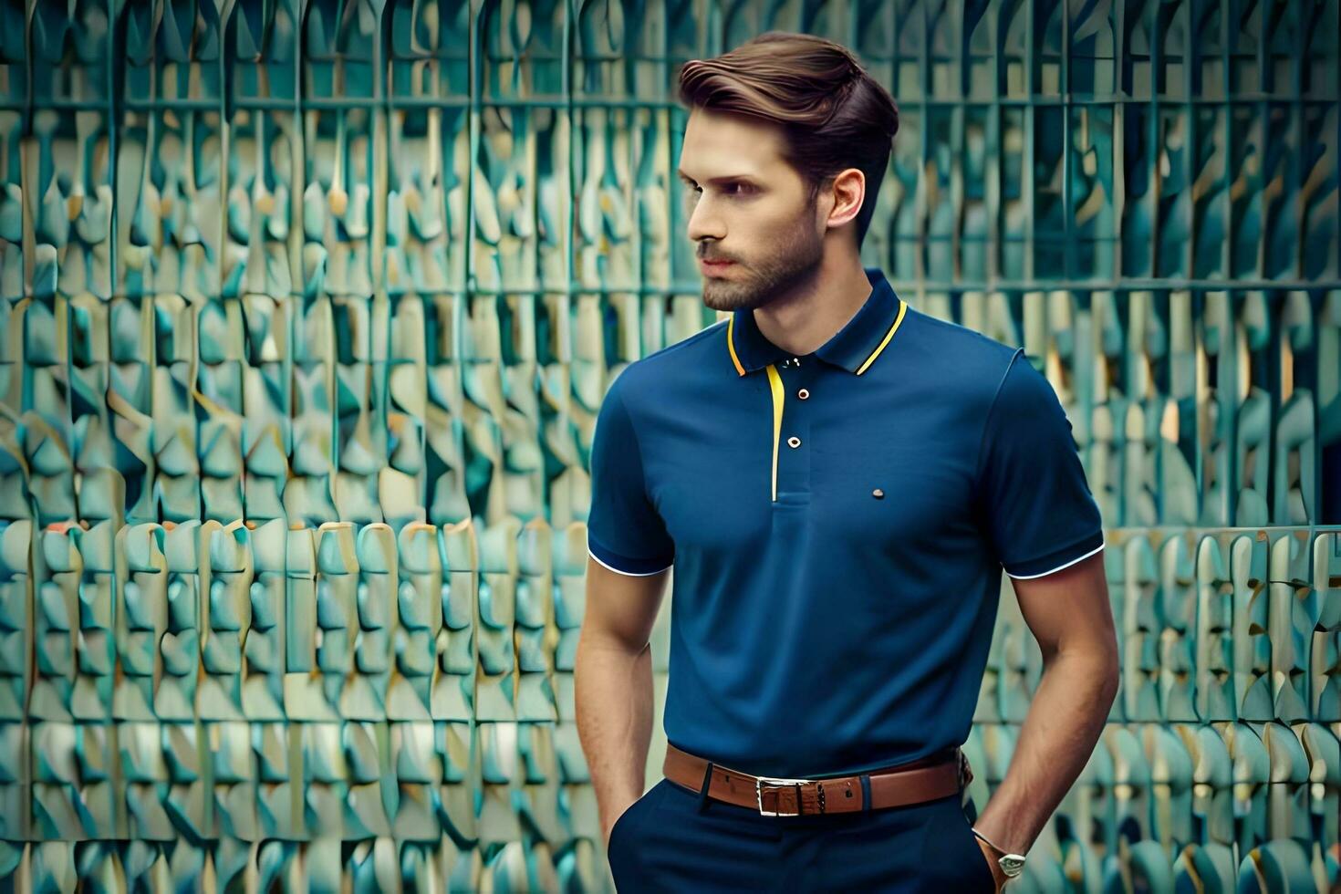 a man in a blue polo shirt and brown pants. AI-Generated photo