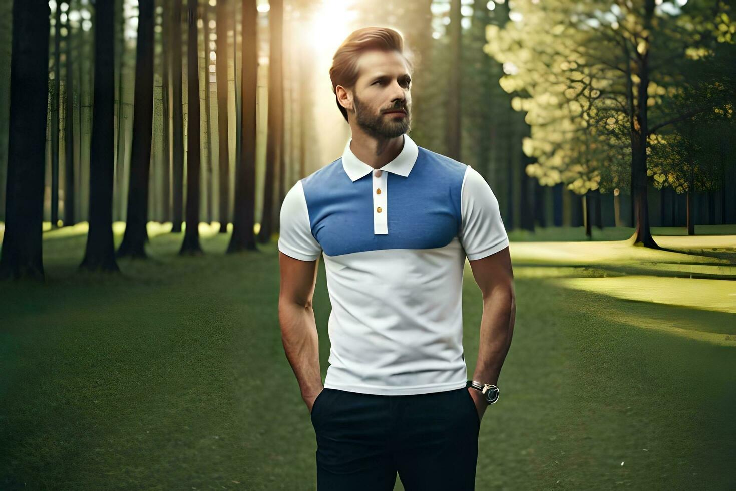 a man in a white and blue polo shirt standing in a forest. AI-Generated photo