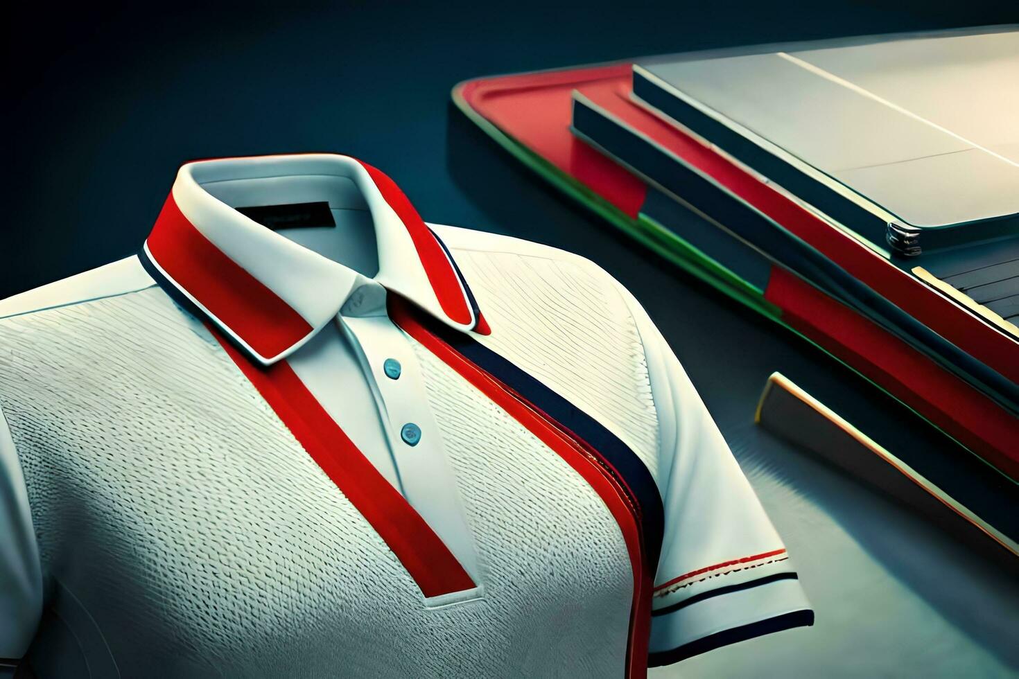 un blanco polo camisa con rojo, blanco y azul rayas. generado por ai foto