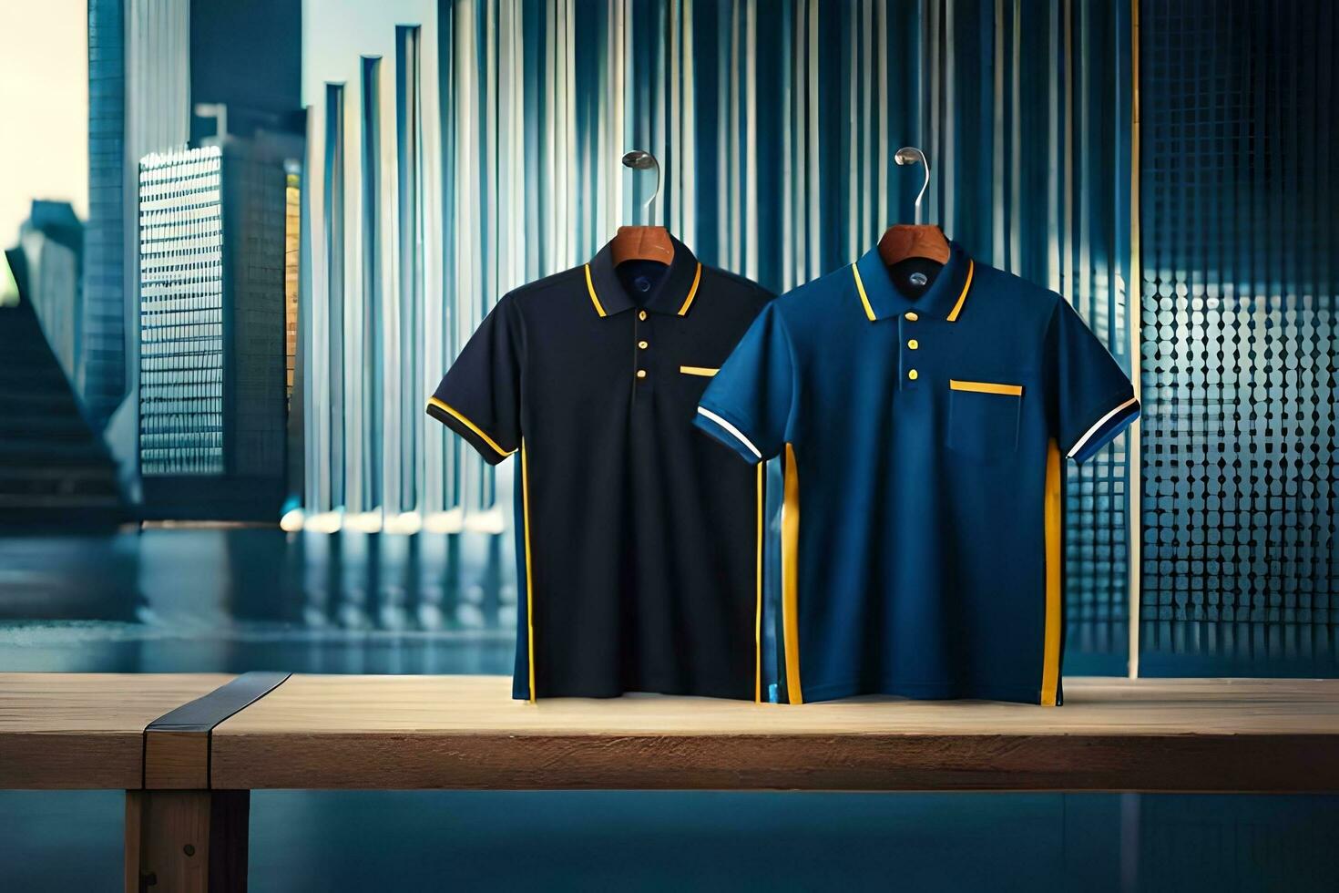 two polo shirts on a wooden table with city skyline in the background. AI-Generated photo