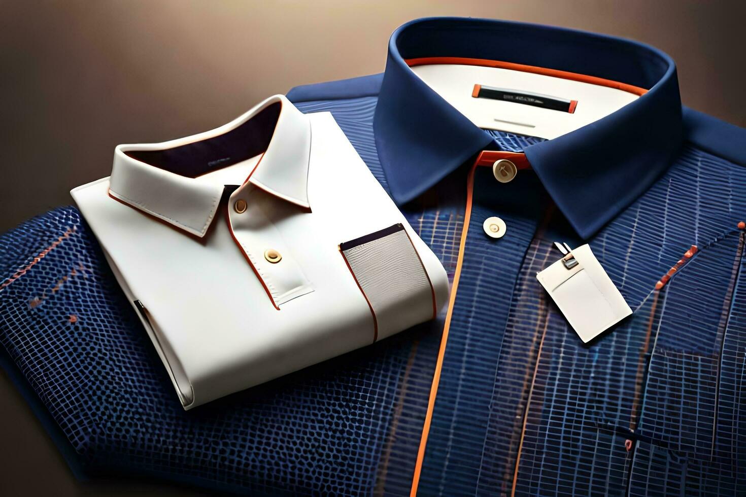 a blue and white shirt with orange trim. AI-Generated photo