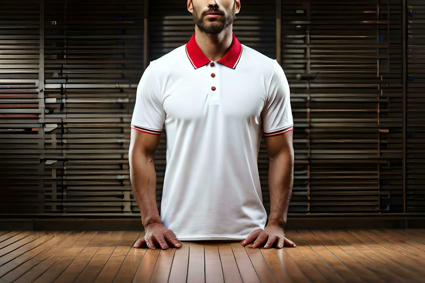 un hombre en un blanco polo camisa y rojo guarnición. generado por ai foto