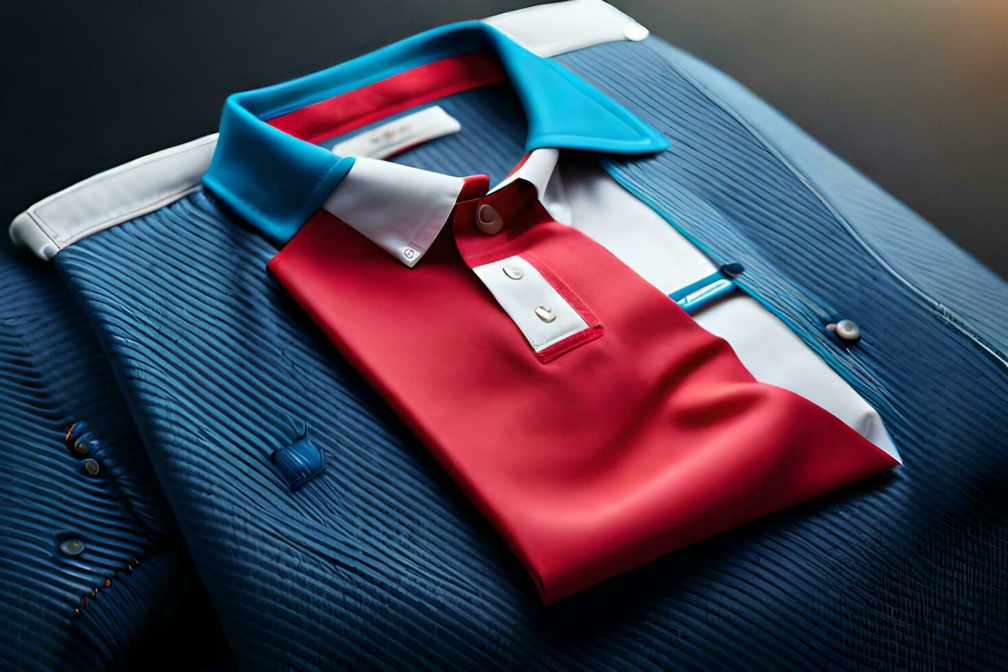 a blue and red polo shirt with a red and white collar. AI-Generated photo