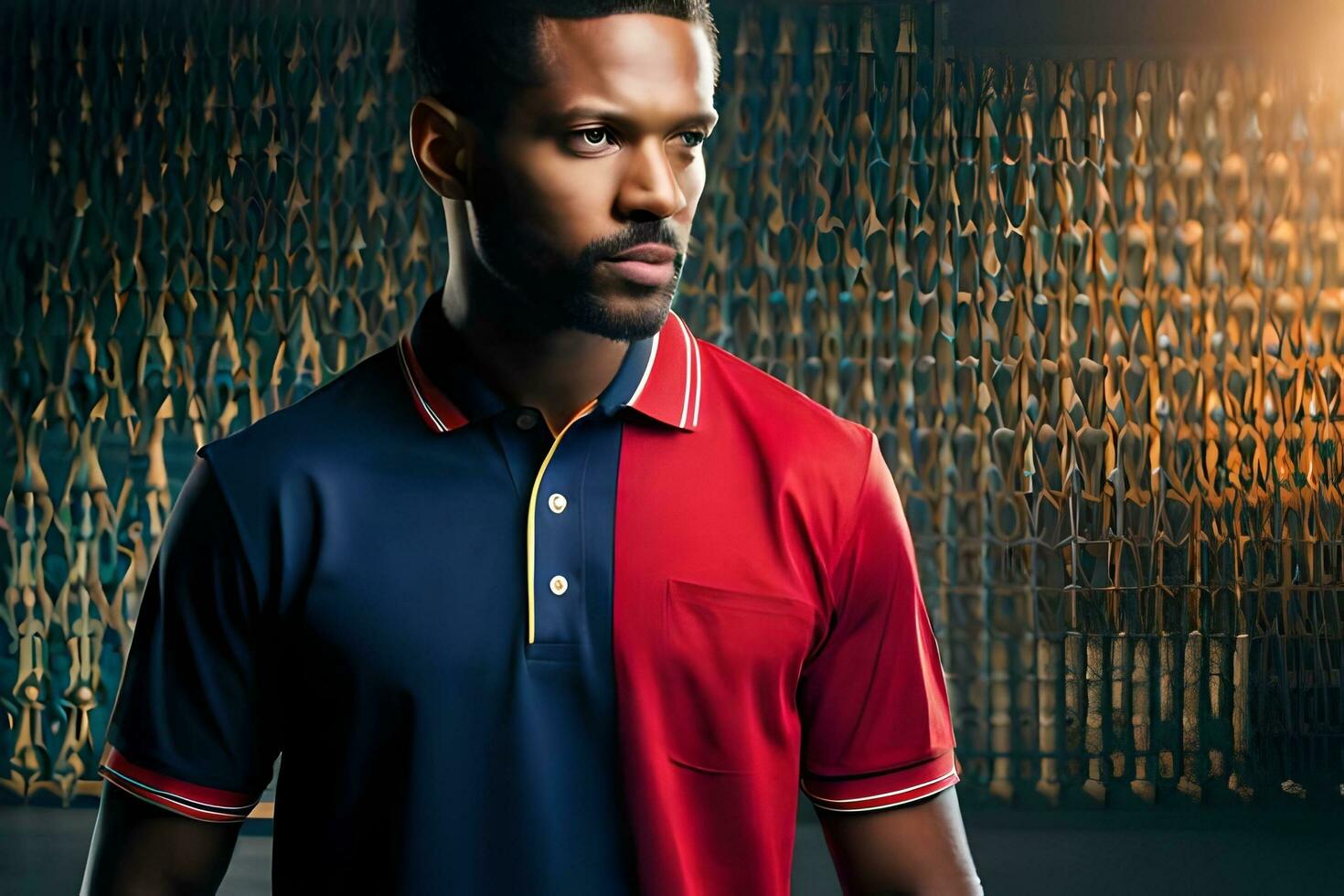 a man in a red and blue polo shirt. AI-Generated photo