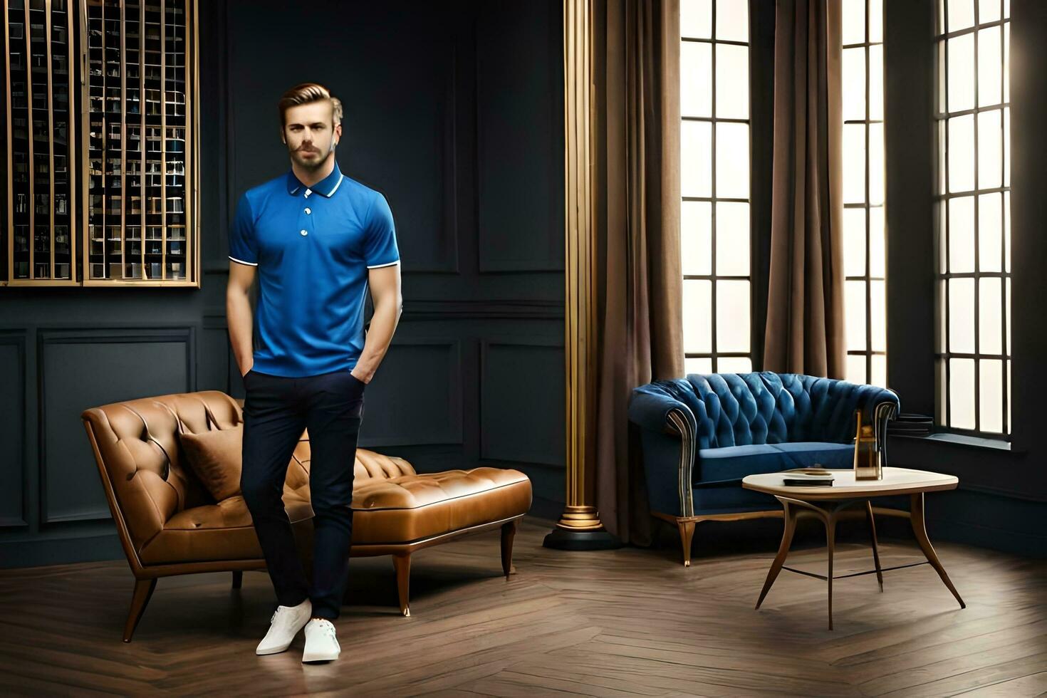 a man in a blue polo shirt standing in a room. AI-Generated photo