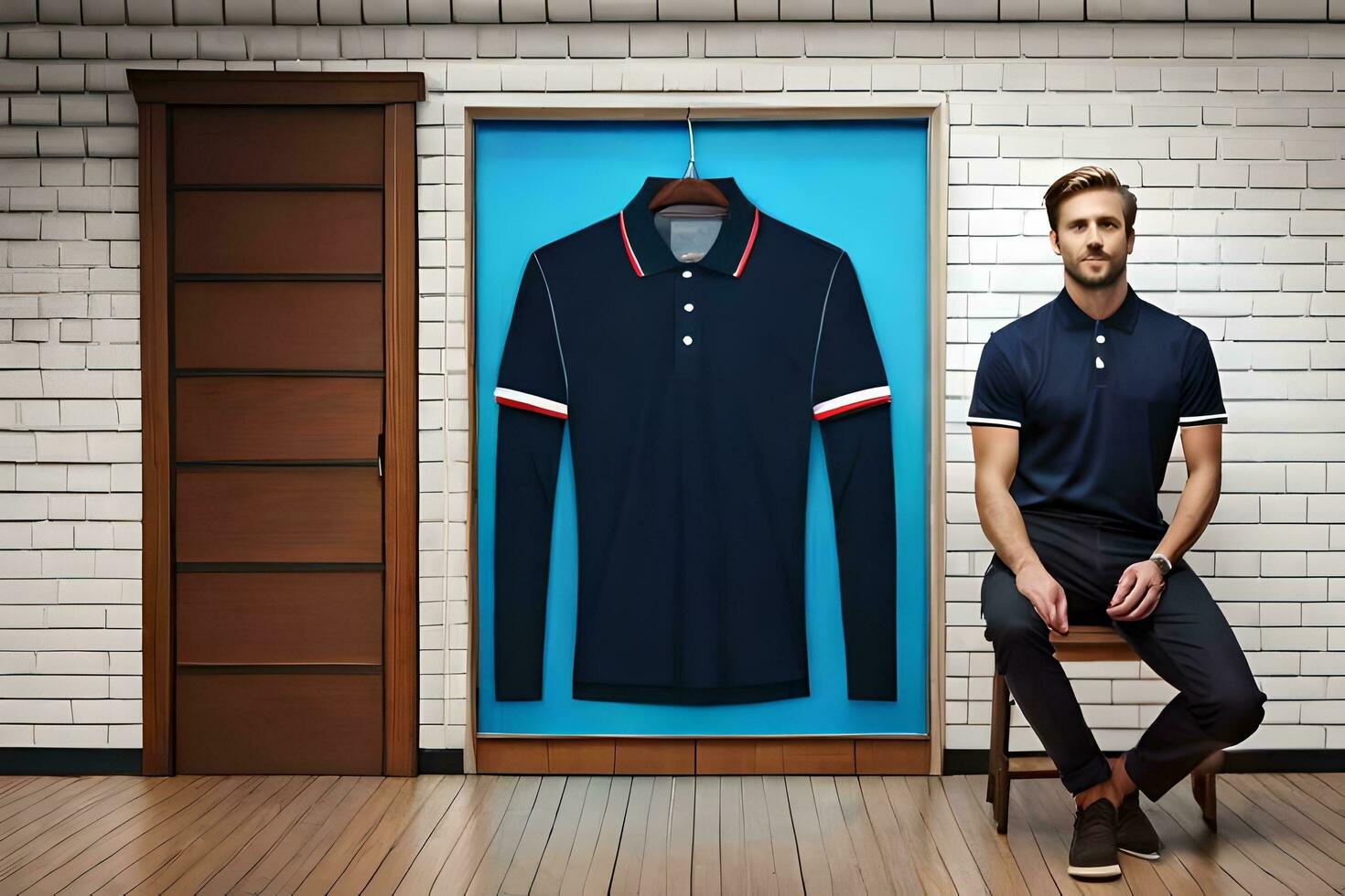 a man sitting in front of a closet with a polo shirt hanging on the wall. AI-Generated photo