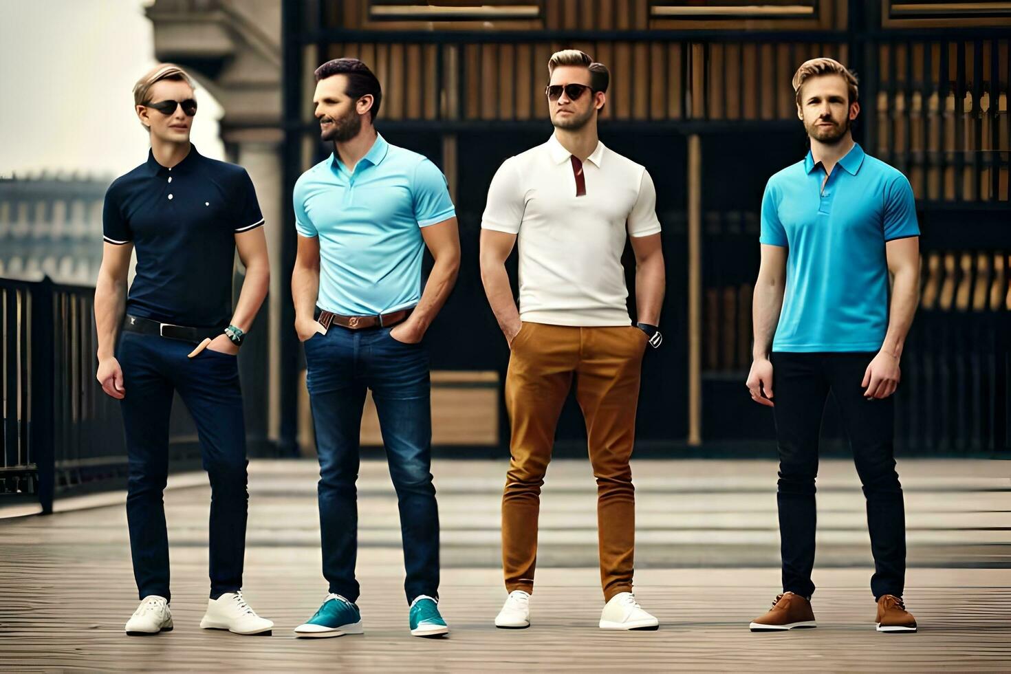 five men in different colors of polo shirts. AI-Generated photo