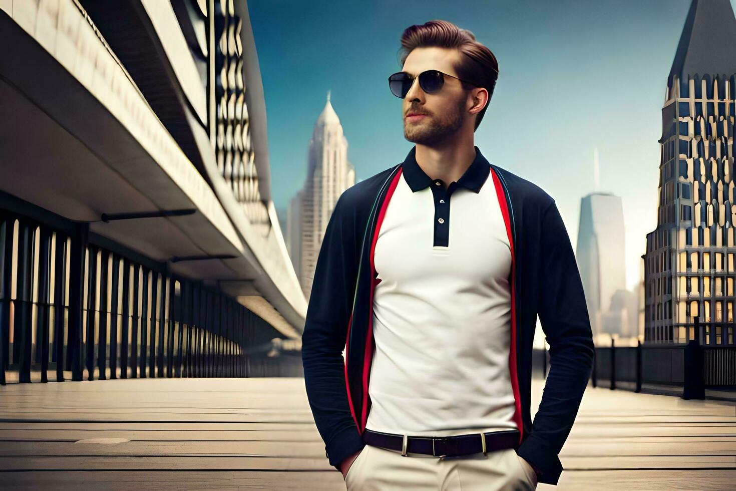 a man in sunglasses and a polo shirt standing on a bridge. AI-Generated photo