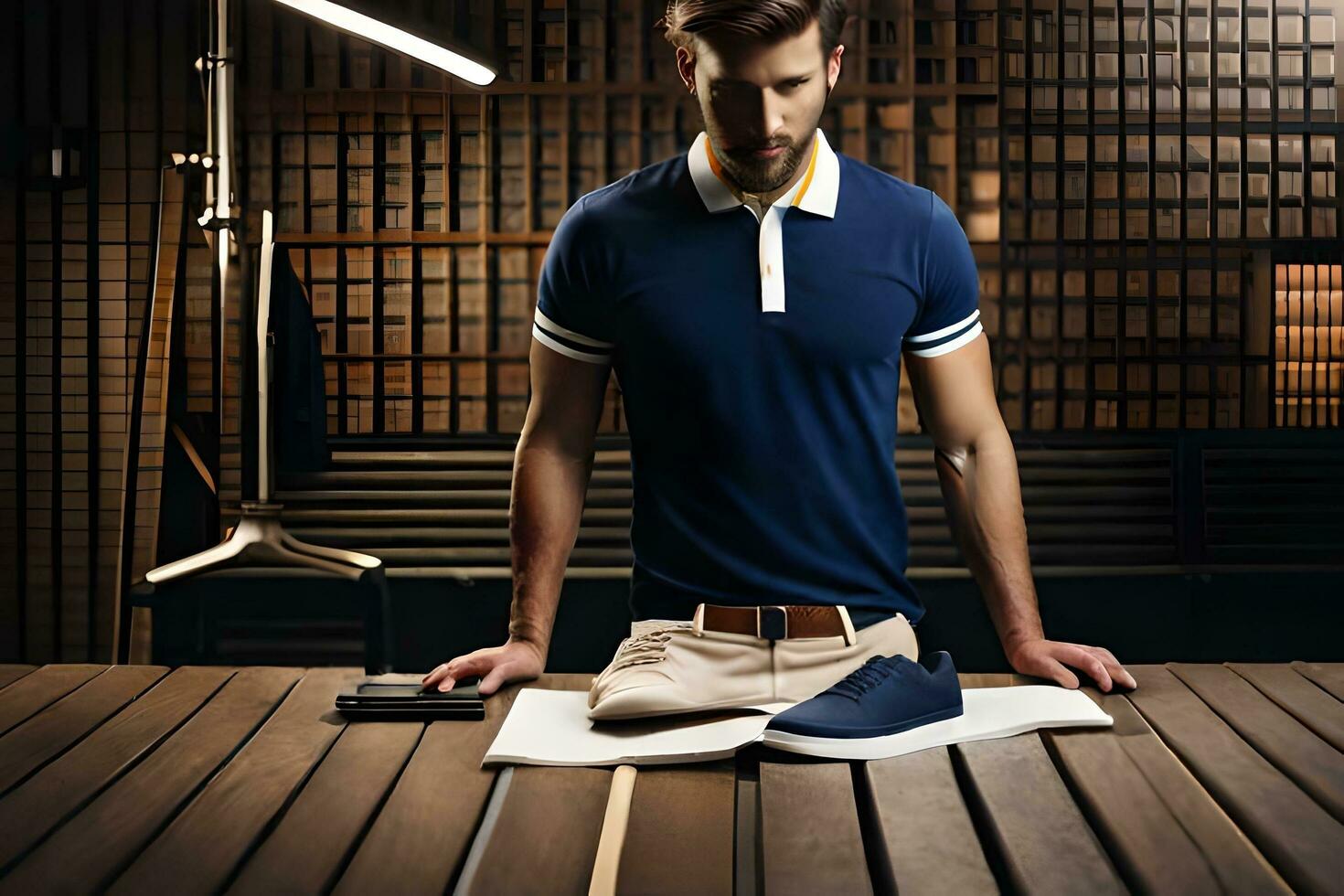 a man in a blue polo shirt is sitting on a wooden table. AI-Generated photo