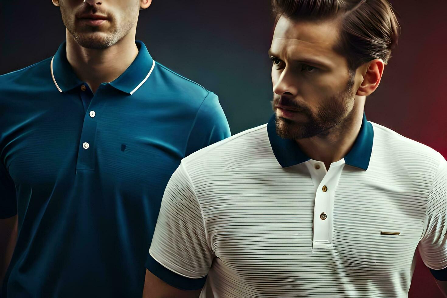 two men wearing polo shirts and one is wearing a beard. AI-Generated photo