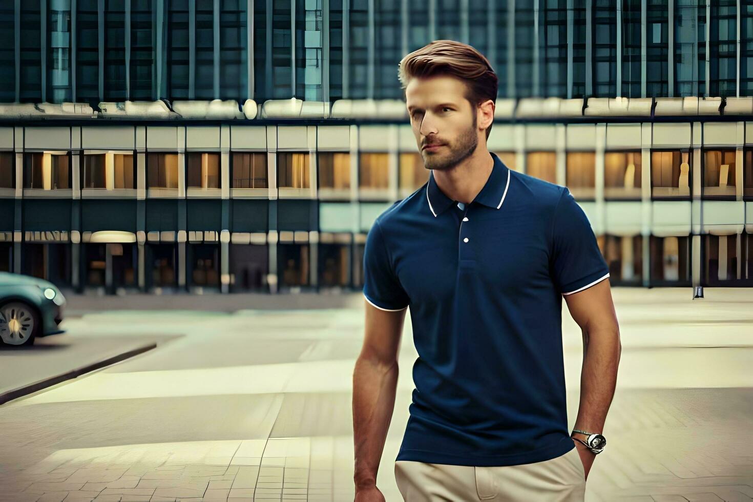 a man in a blue polo shirt standing in front of a building. AI-Generated photo