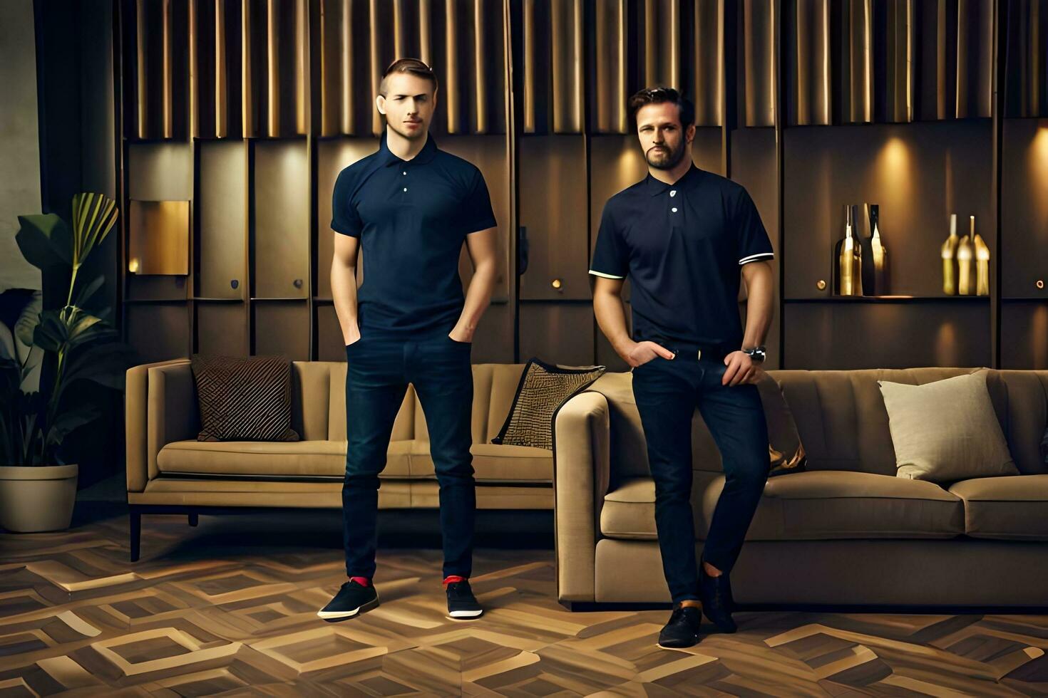two men in dark blue polo shirts standing in front of a couch. AI-Generated photo