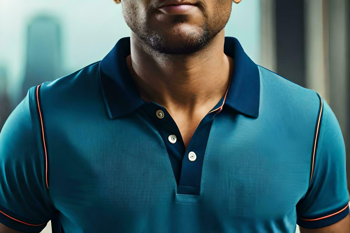 a man in a blue polo shirt looking off to the side. AI-Generated photo