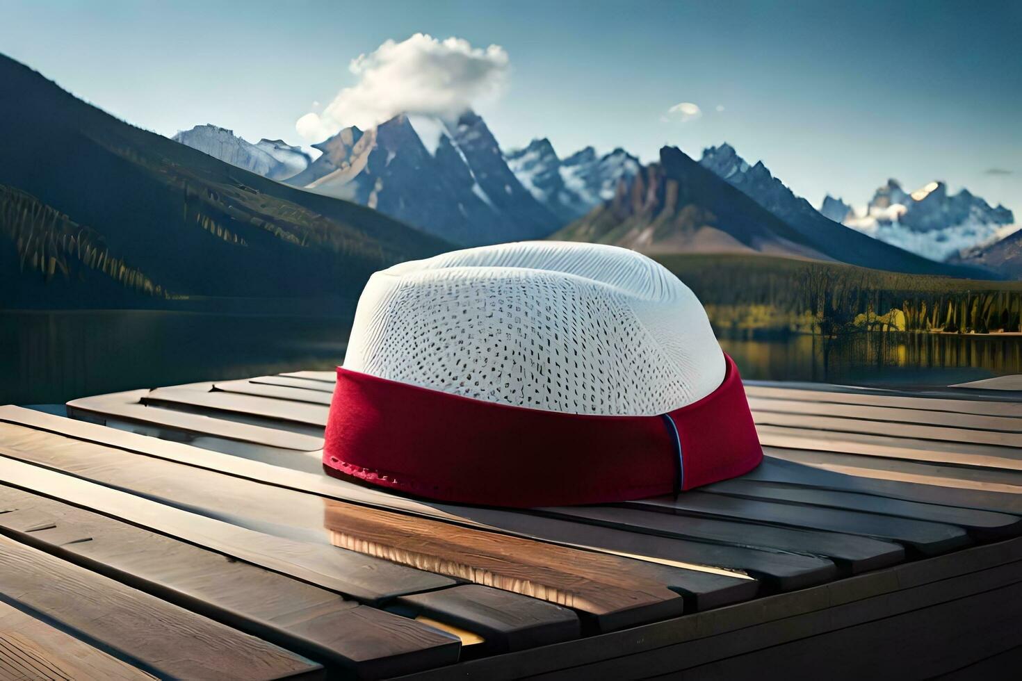 a hat sits on a wooden table in front of a lake. AI-Generated photo