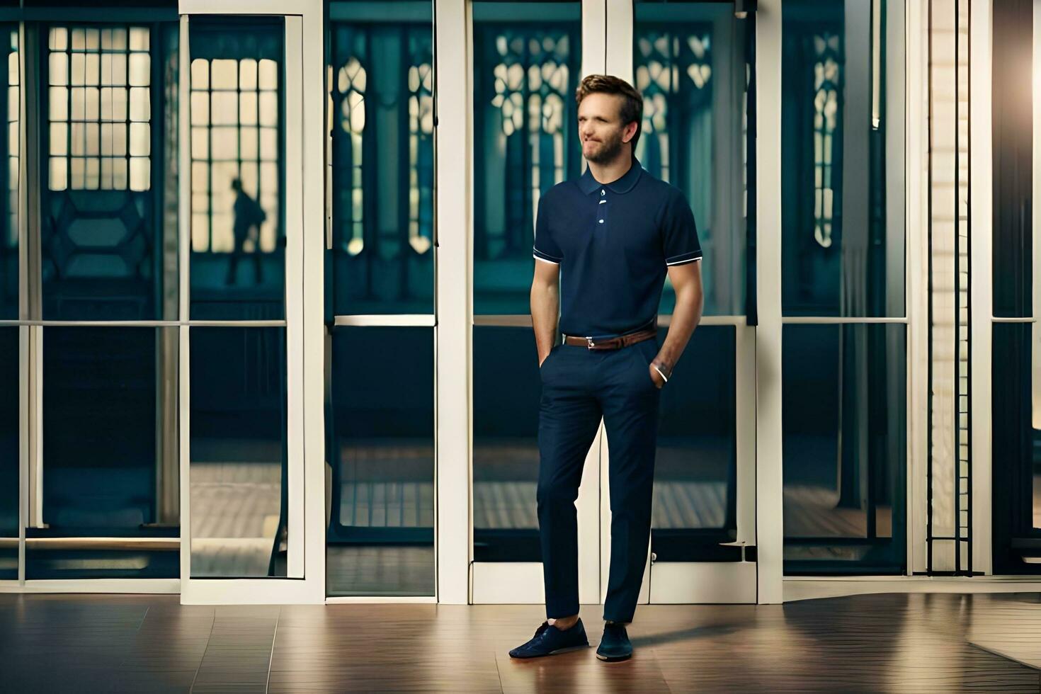 a man in a blue polo shirt stands in front of a glass door. AI-Generated photo