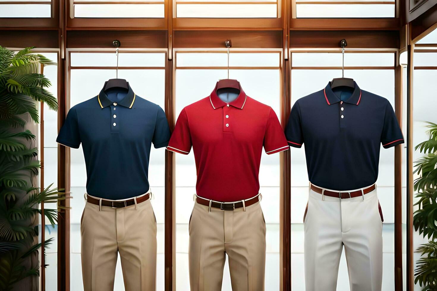 three men's polo shirts are hanging on a wall. AI-Generated photo