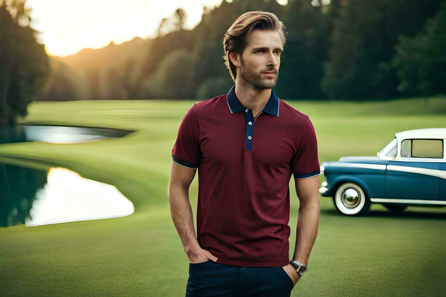 a man in a maroon polo shirt standing next to a classic car. AI-Generated photo