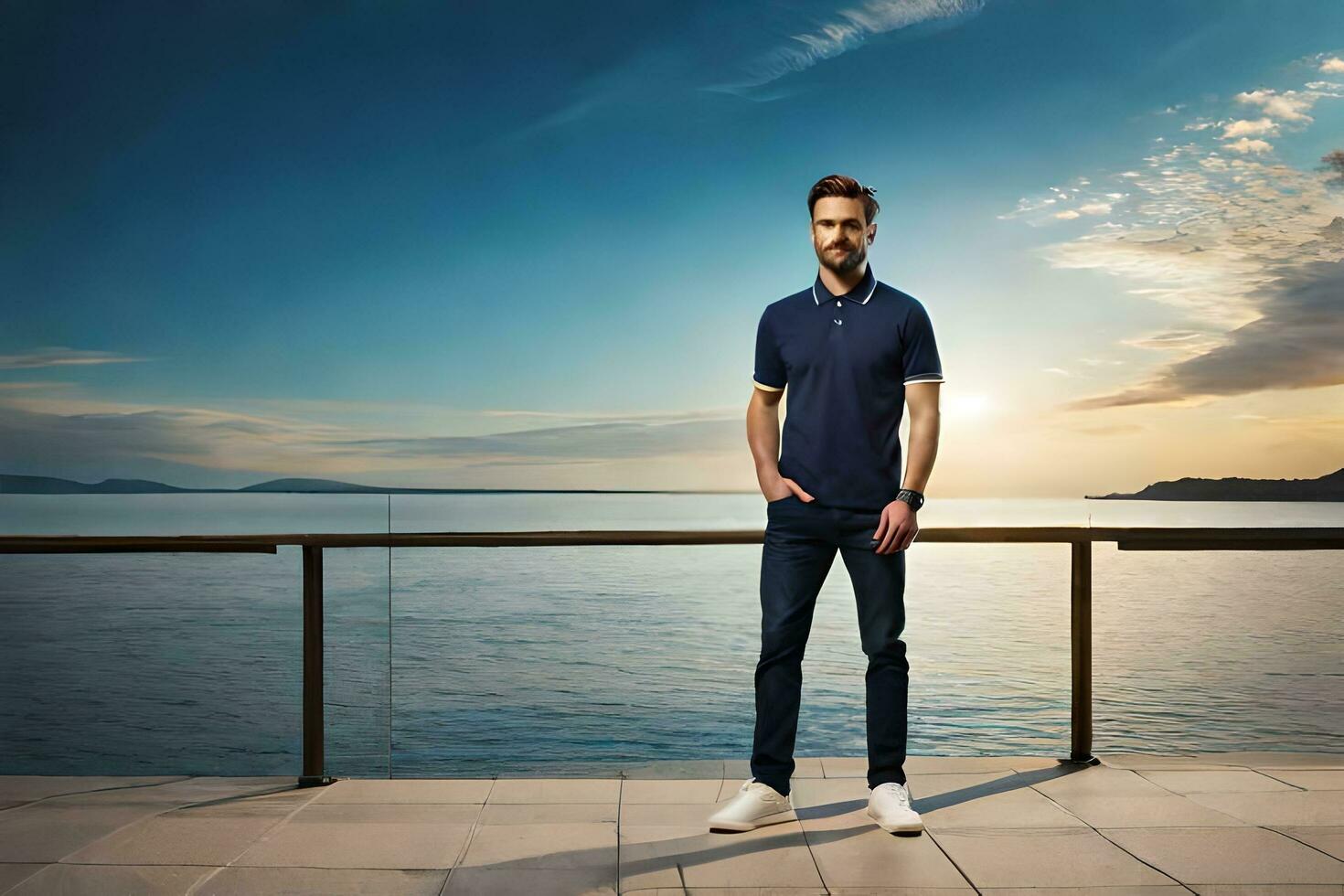 a man in a polo shirt standing on a balcony overlooking the ocean. AI-Generated photo