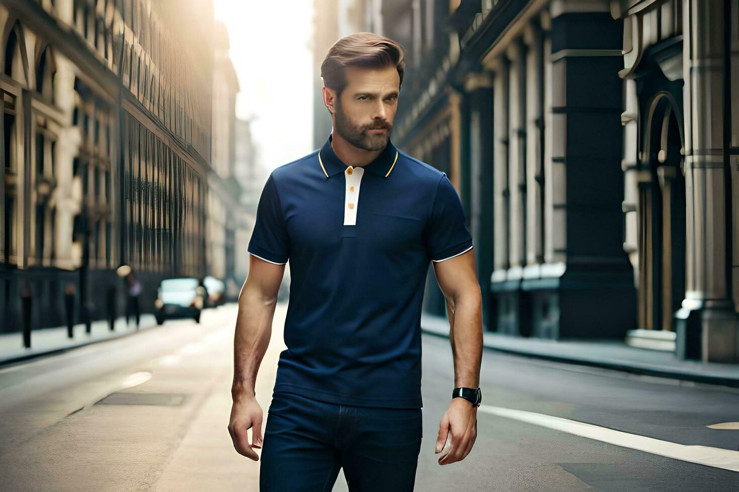 a man in a blue polo shirt and jeans walking down a street. AI-Generated photo