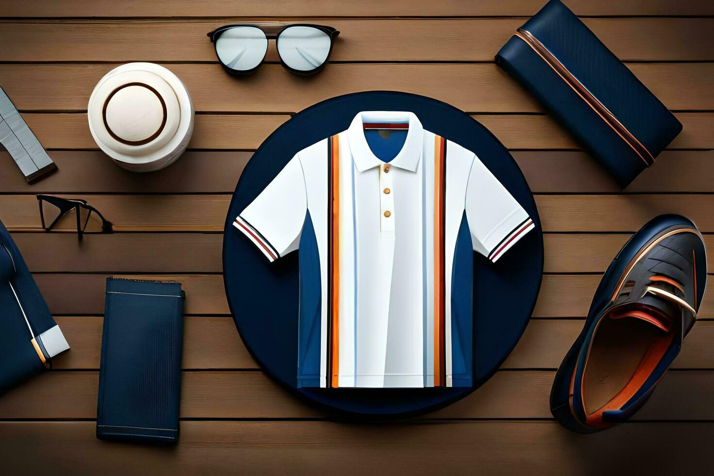 mens clothing and accessories on a wooden table. AI-Generated photo