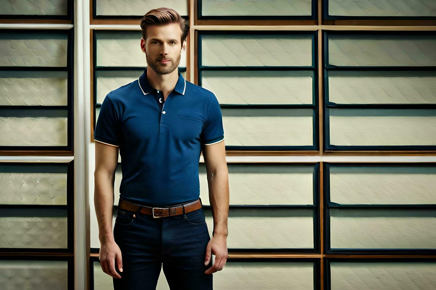 a man in a blue polo shirt and pants. AI-Generated photo