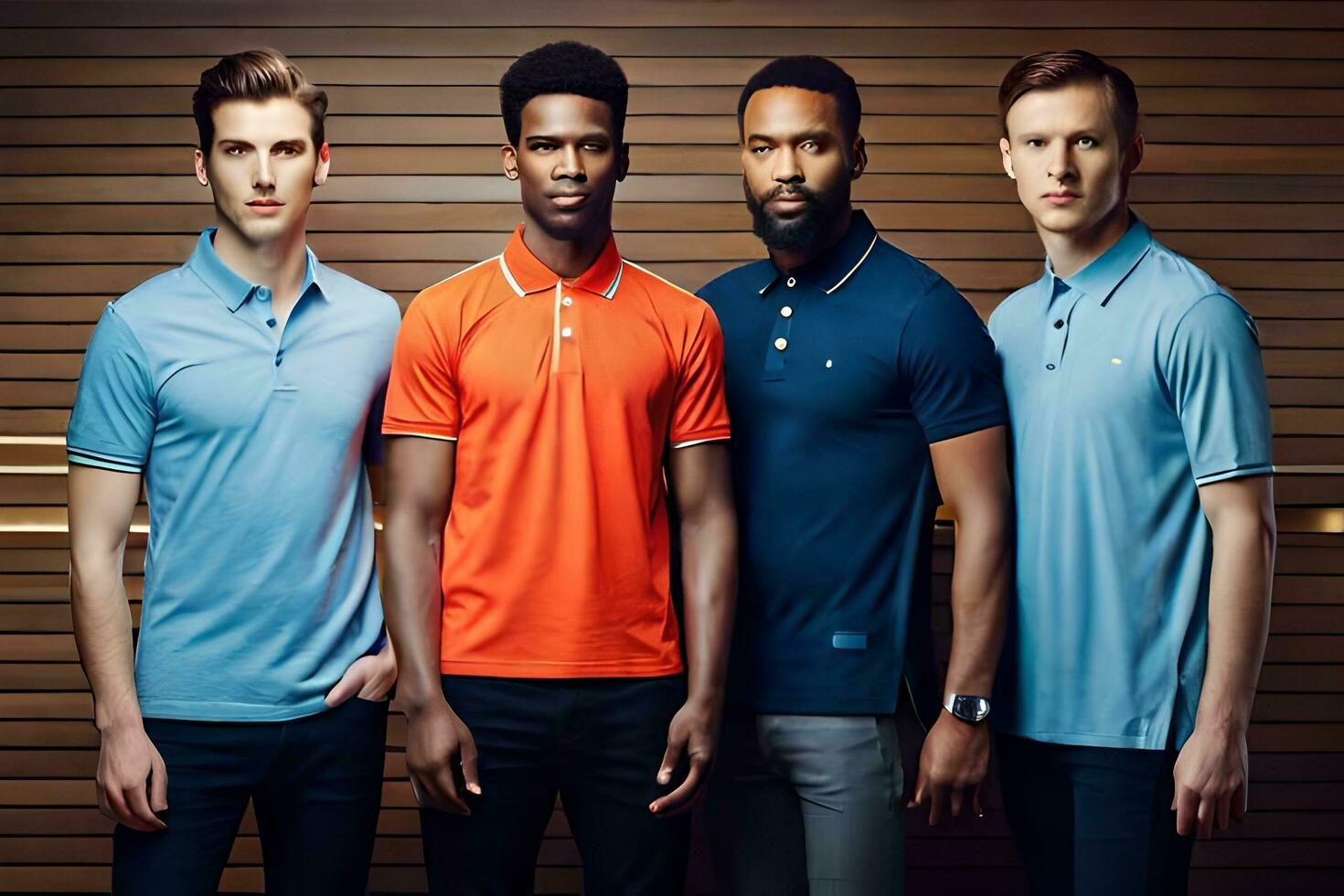 four men wearing different colored polo shirts. AI-Generated photo