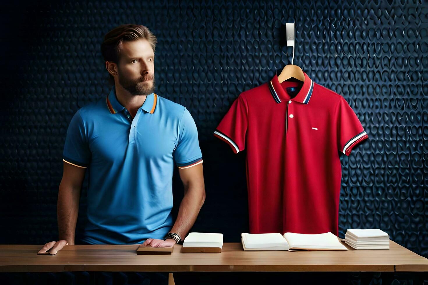 a man is standing next to two shirts. AI-Generated photo