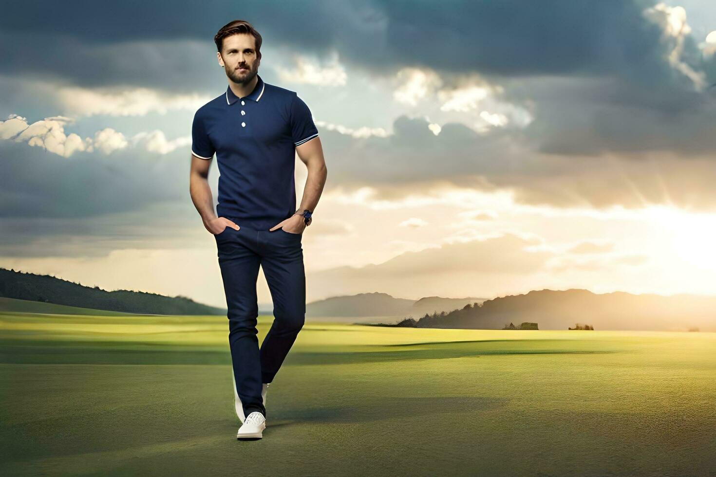 a man in a blue polo shirt standing on a golf course. AI-Generated photo