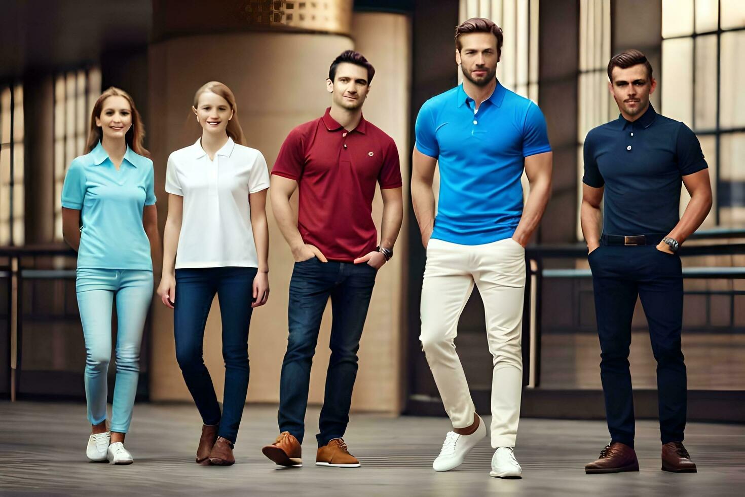 un grupo de personas vistiendo diferente colores de polo camisas generado por ai foto