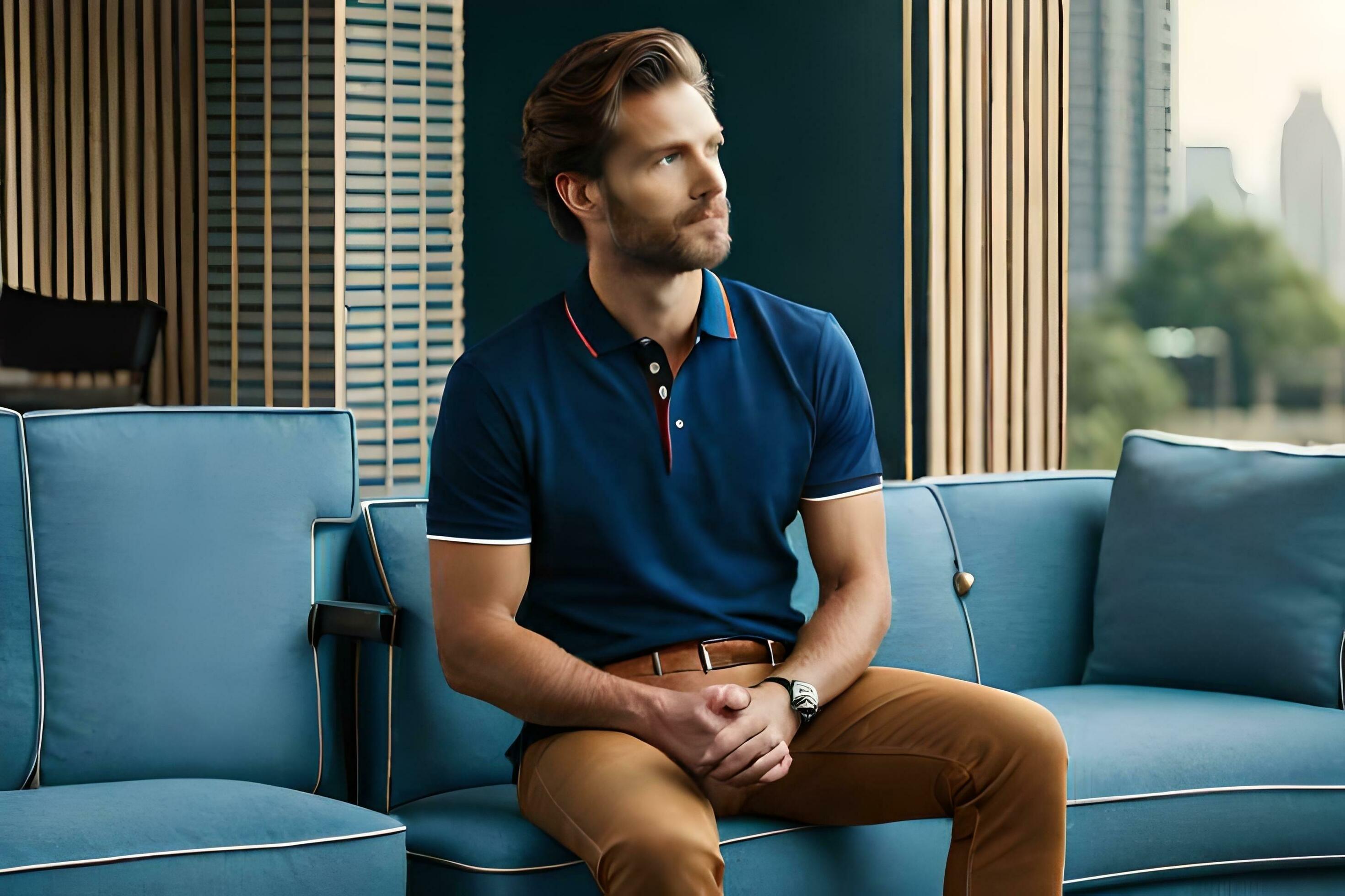 Hombre En Camisa Polo Naranja Y Pantalón Naranja Sentado En La Cama · Foto  de stock gratuita