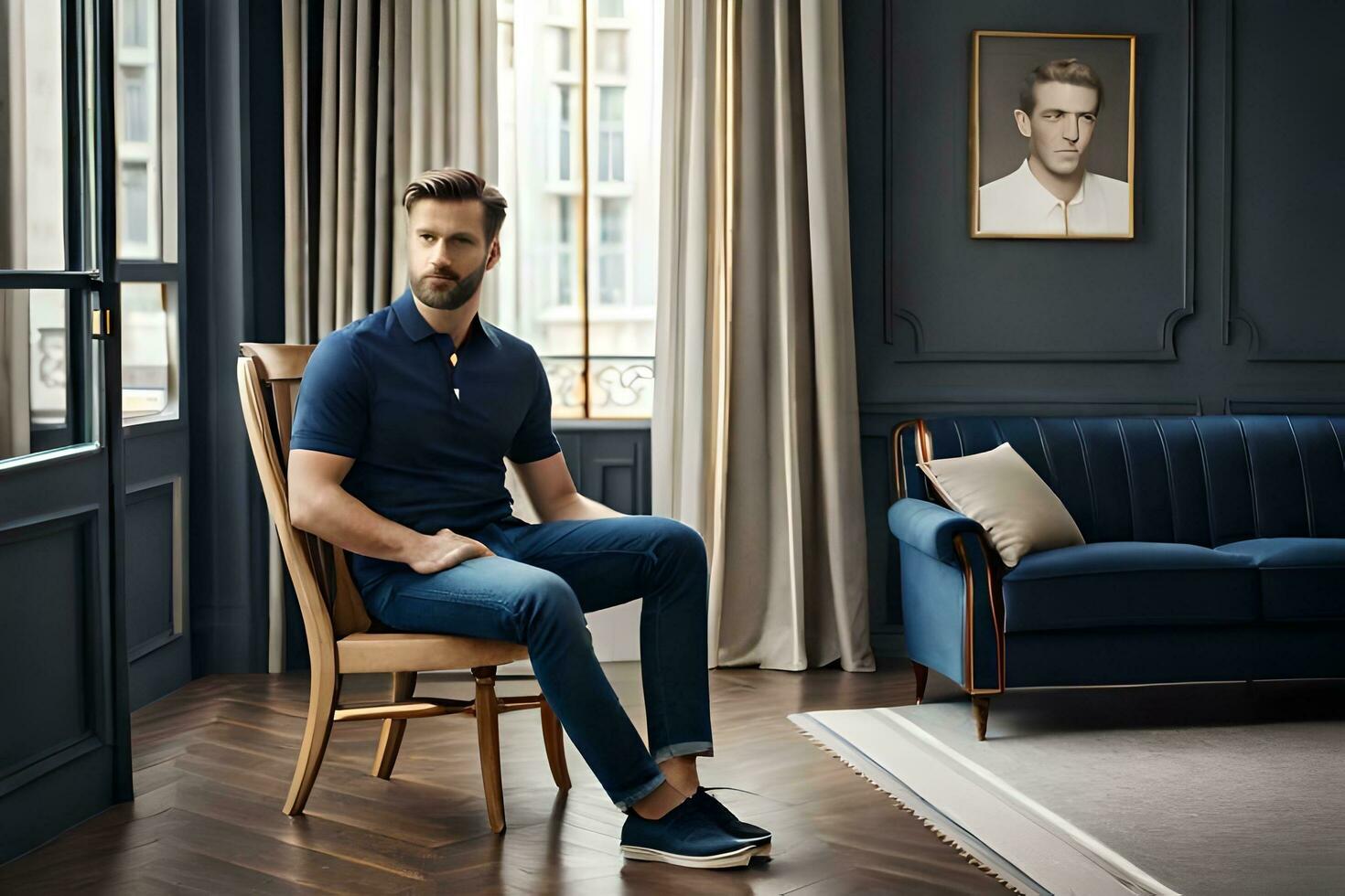 a man sitting in a chair in a room. AI-Generated photo