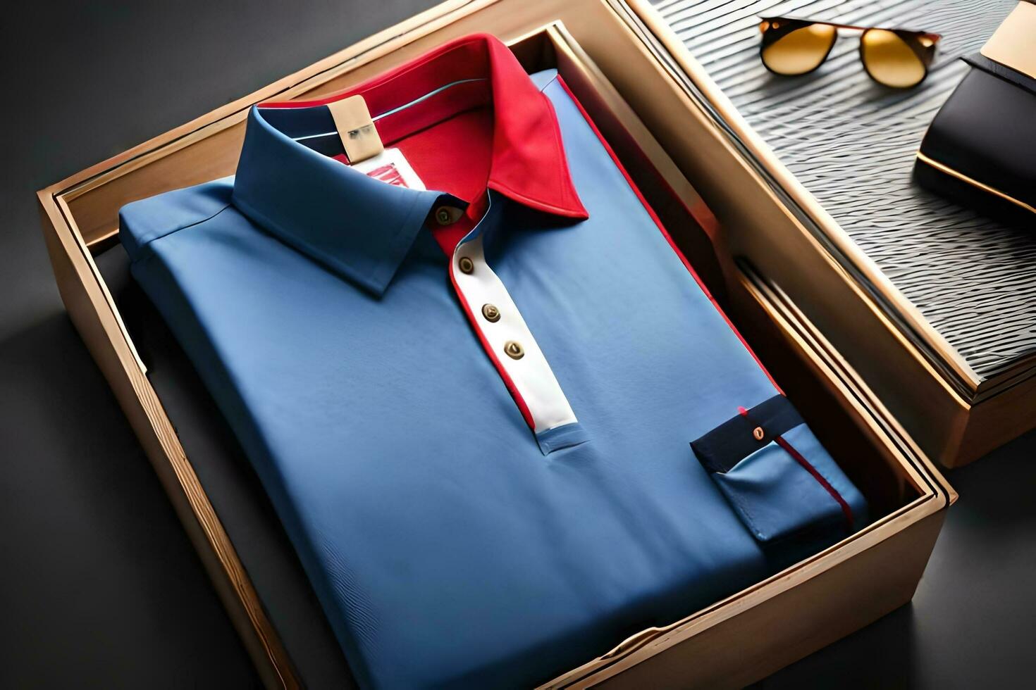 a blue shirt and red tie in a box. AI-Generated photo