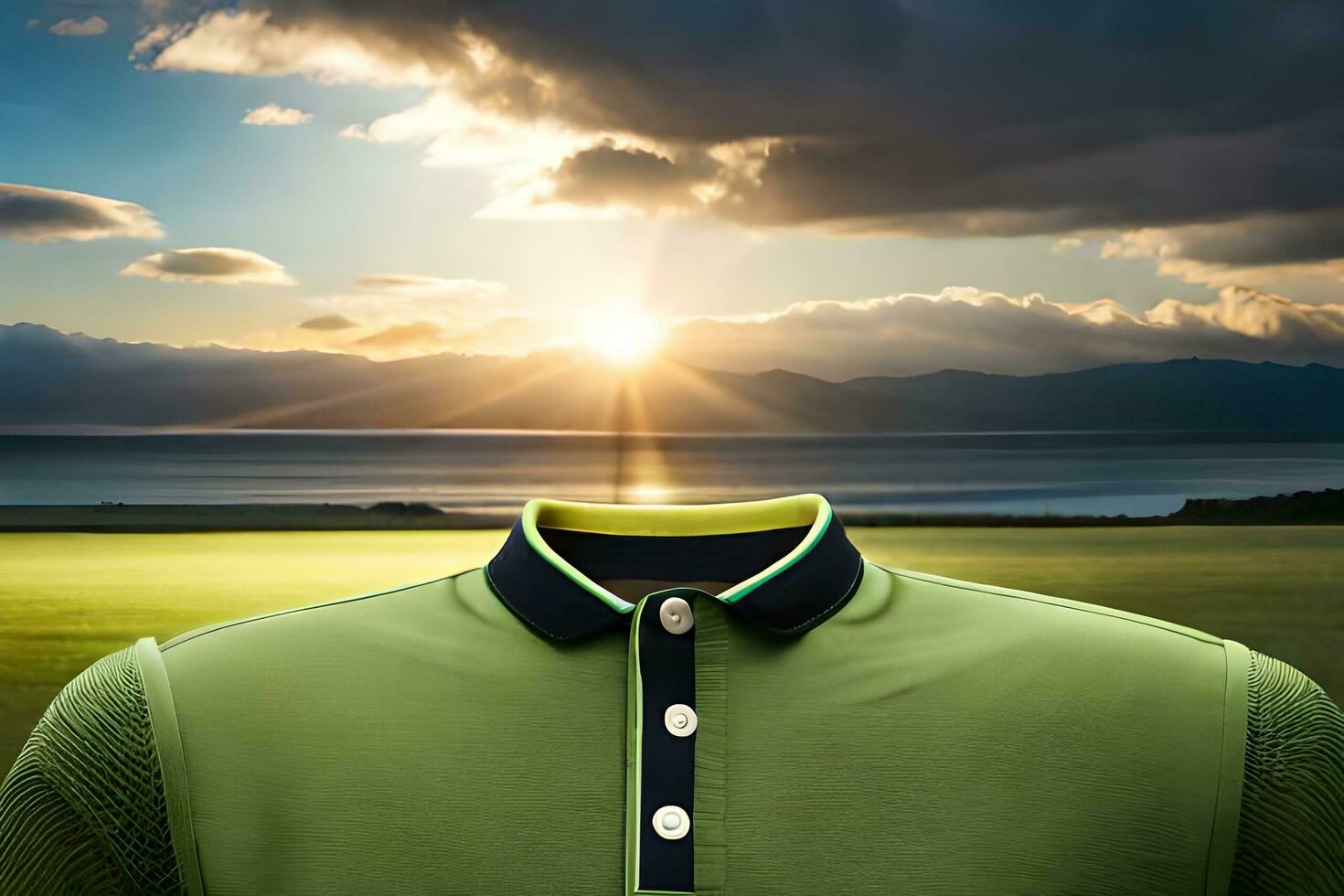 a green polo shirt with a sun setting behind it. AI-Generated photo