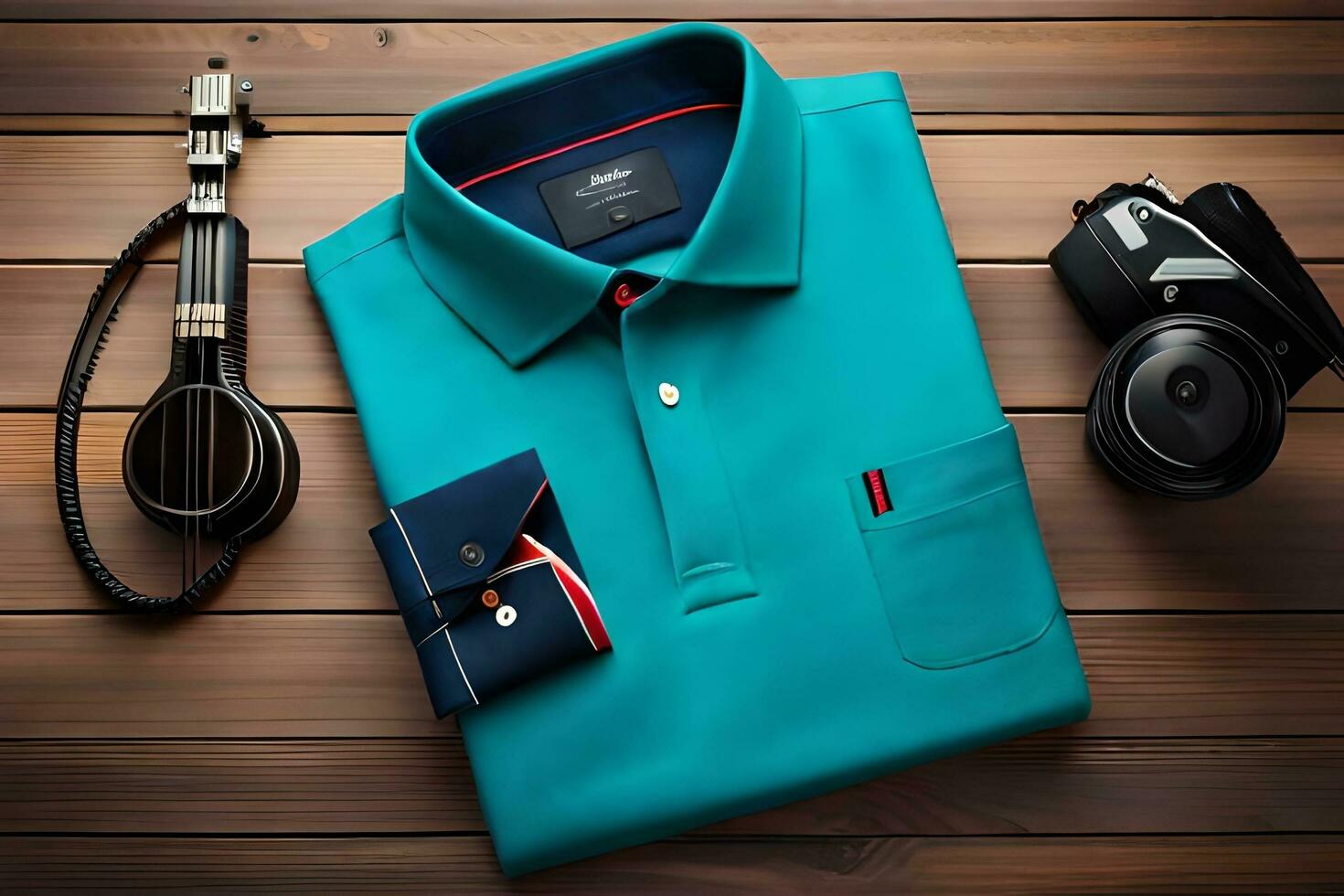 un azul polo camisa, cámara, y otro accesorios. generado por ai foto