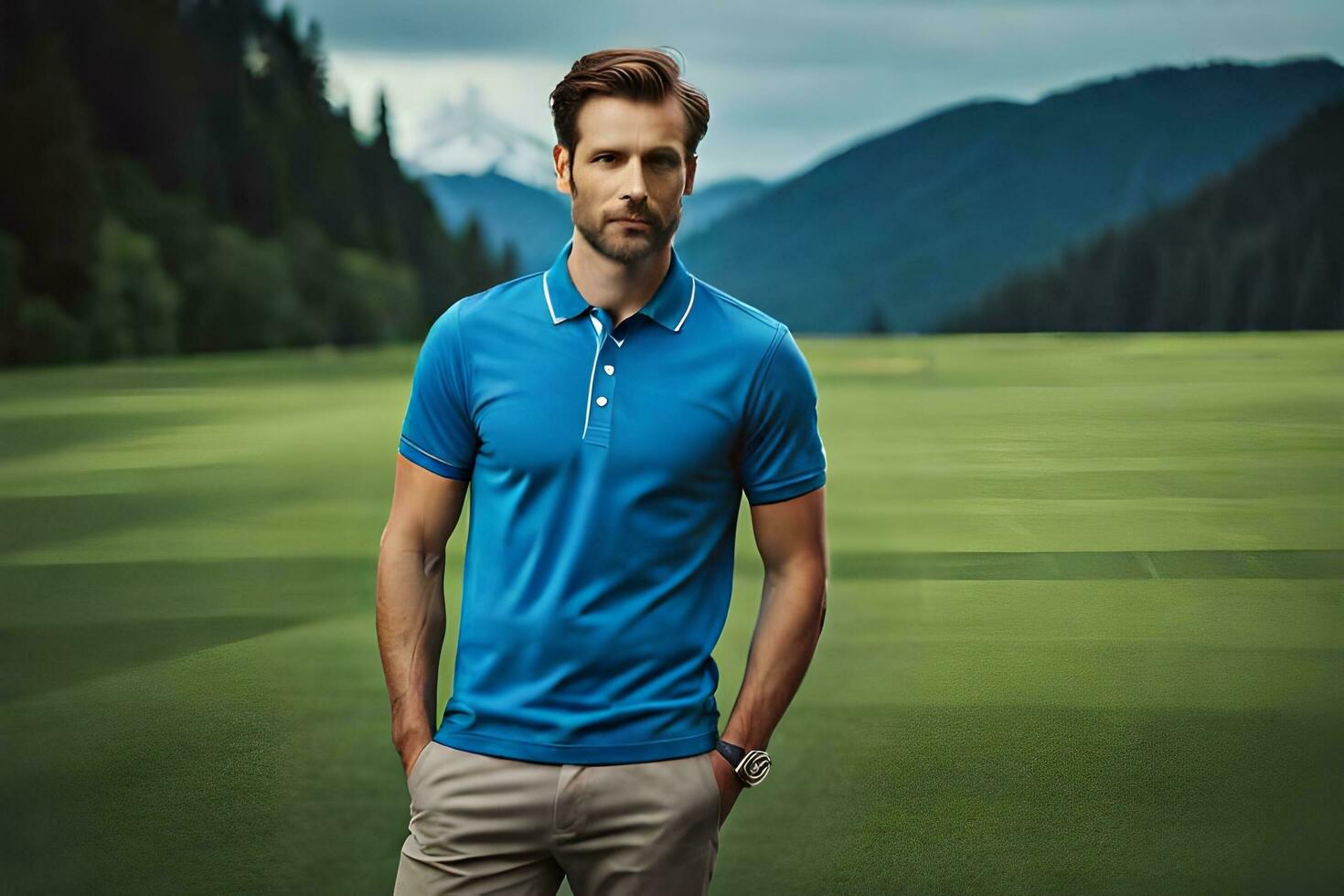 a man in a blue polo shirt standing on a golf course. AI-Generated photo