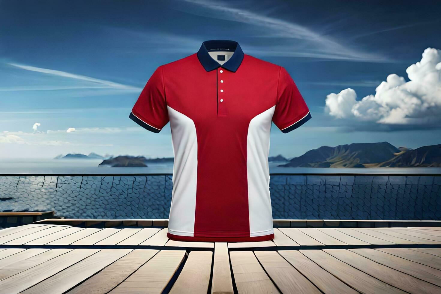 a red and white polo shirt on a wooden deck. AI-Generated photo