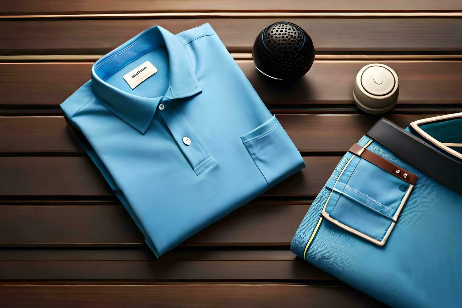 a blue shirt, pants and a pair of sunglasses. AI-Generated photo