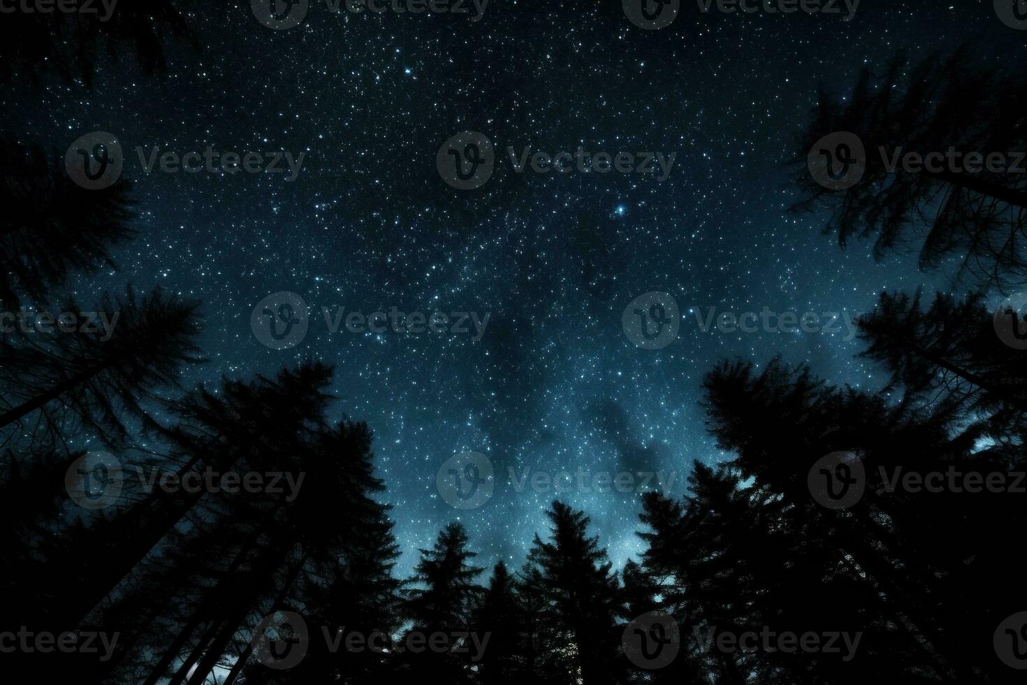 noche cielo en bosque, ver de estrella en noche cielo mediante árbol almuerzos ai generativo foto