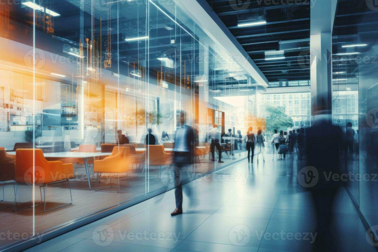 Crowded office public place with people passing by, traffic flow motion blur effect. AI Generative photo