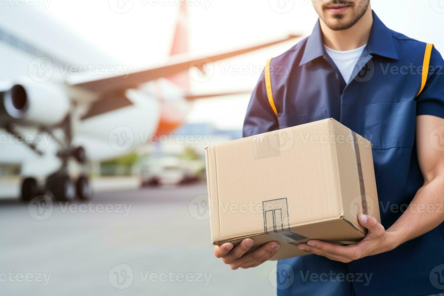entrega hombre entregando un paquete o empaquetar caja a cliente por carga avión. generativo ai foto