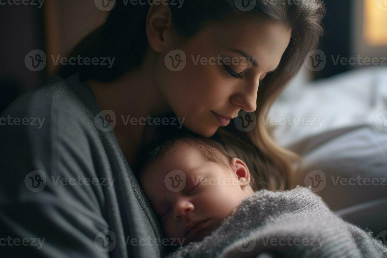 mother or father with newborn baby in hospital. Generative AI. photo