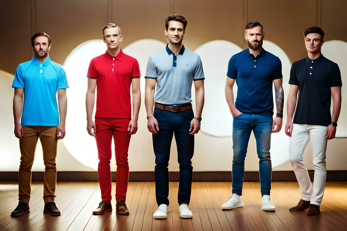 five men in different colors of polo shirts. AI-Generated photo