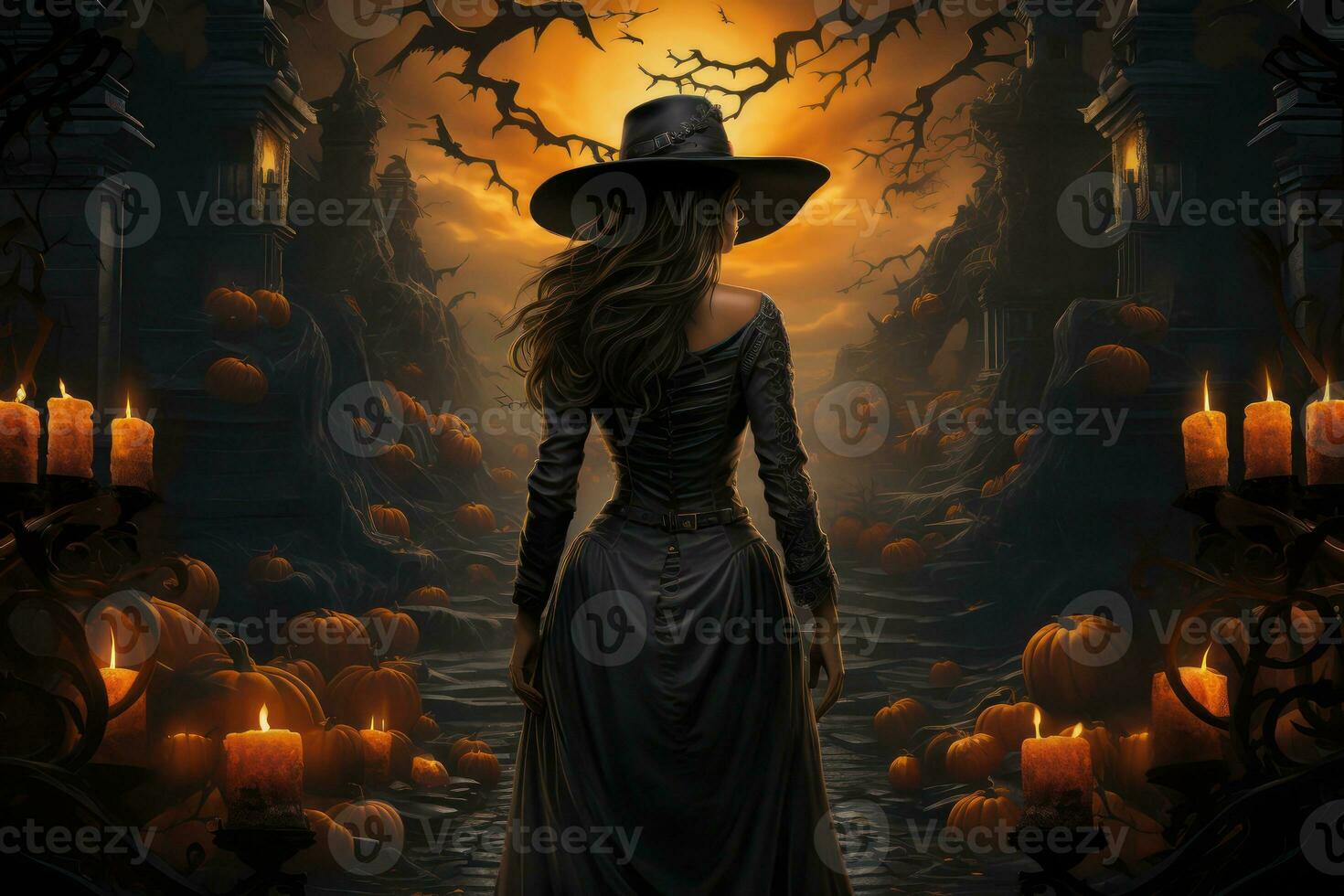 Halloween background with witch and pumpkin ,witch. A hallowen witch background to promote halloween party with pumpkins, bats, lights and ornaments . AI Generative photo