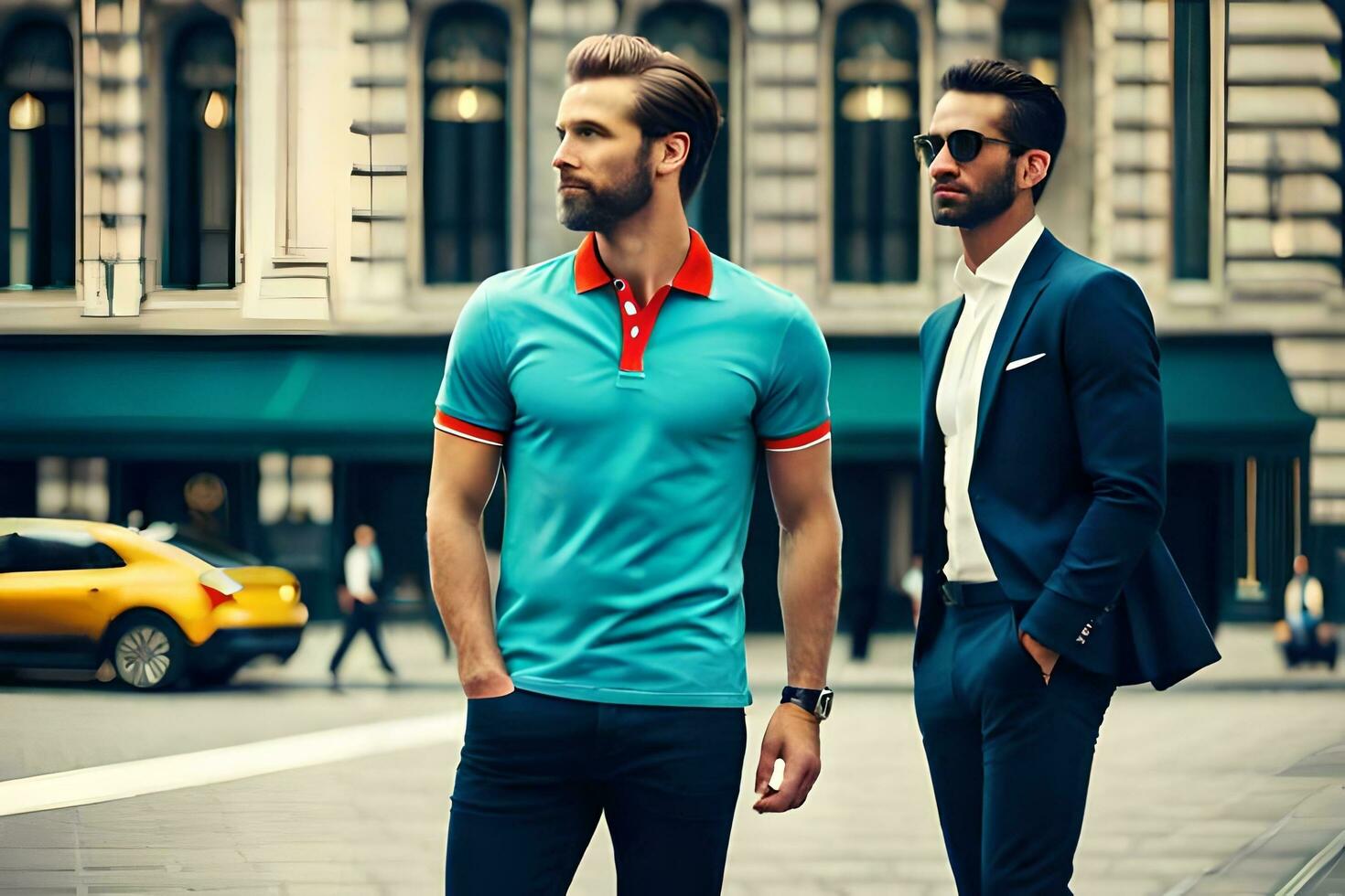 two men in blue shirts and blue polos standing on a street. AI-Generated photo