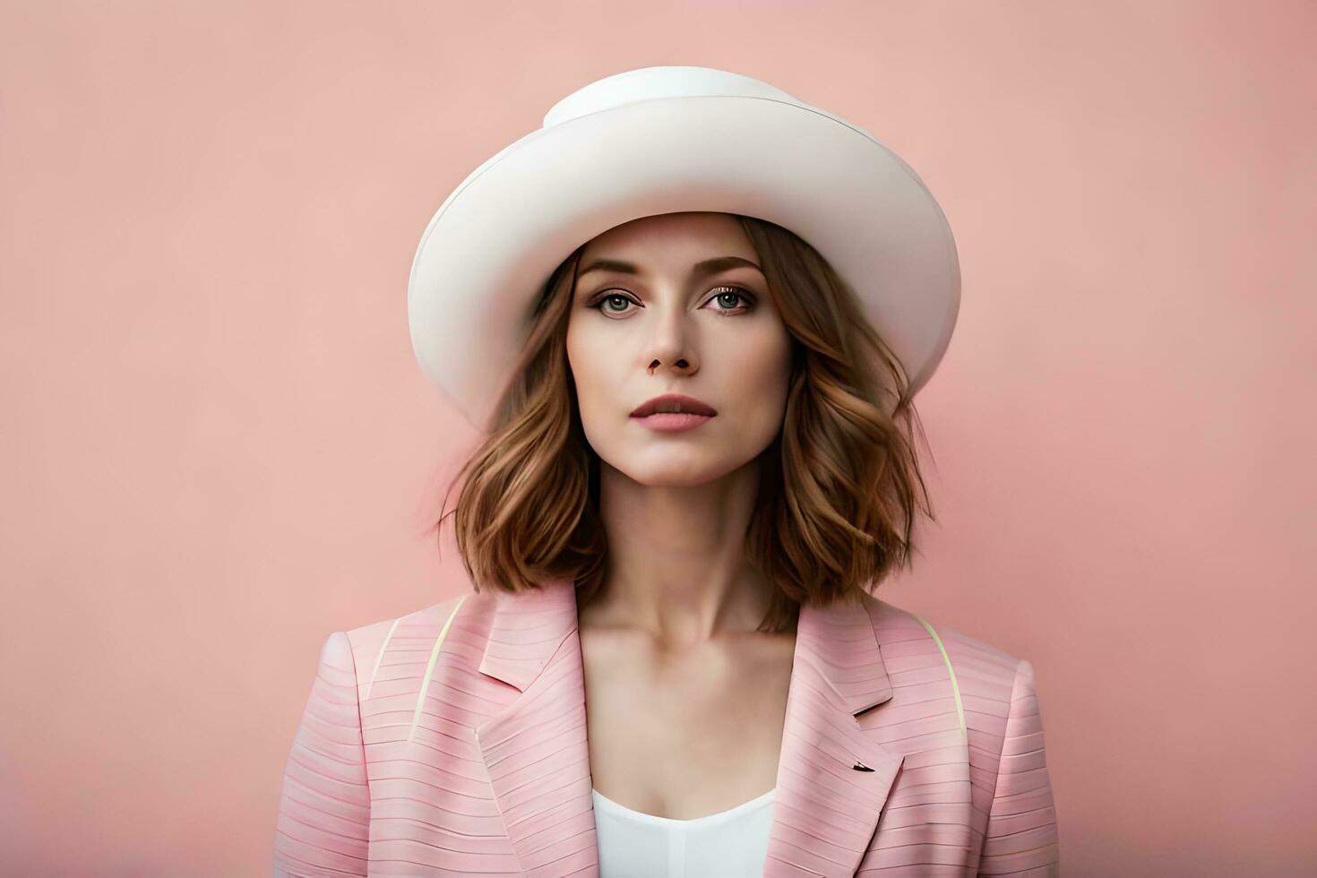 un mujer vistiendo un blanco sombrero y rosado traje. generado por ai foto